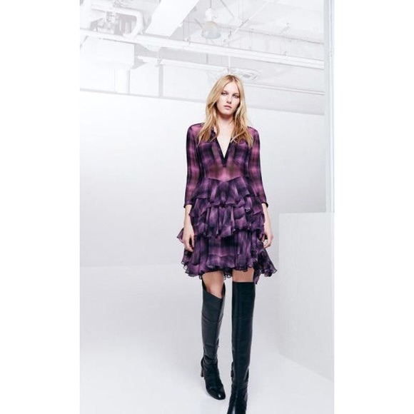 Rebecca Taylor Dresses & Skirts - Rebecca Taylor Long Sleeve Plaid Ruffle Dress in Berry Size 2 Purple Black Sheer